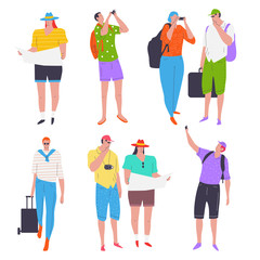 Tourists and travelers vector cartoon characters set isolated on a white background.