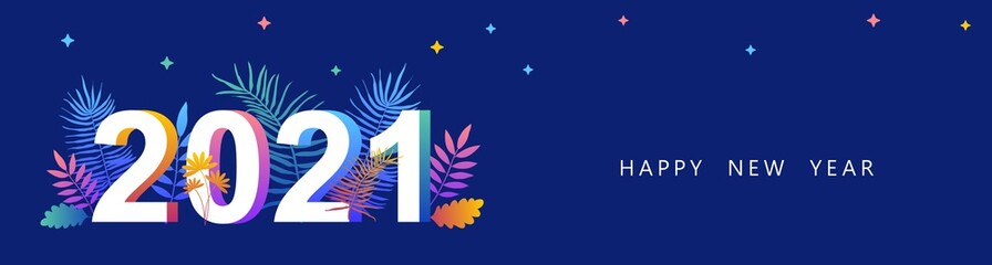 2021. Happy New year. Vector illustration. New year symbol vector illustration. Tropical leaves 2021. Happy new year 2021 creative greeting card design. Floral design for calendar. Tropical banner