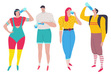 Obraz premium People drinking water vector cartoon characters set isolated on a white background.