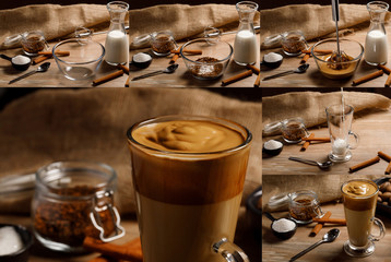 Dalgona coffee. Collage of step by step cooking. The new Korean trend in drinks.