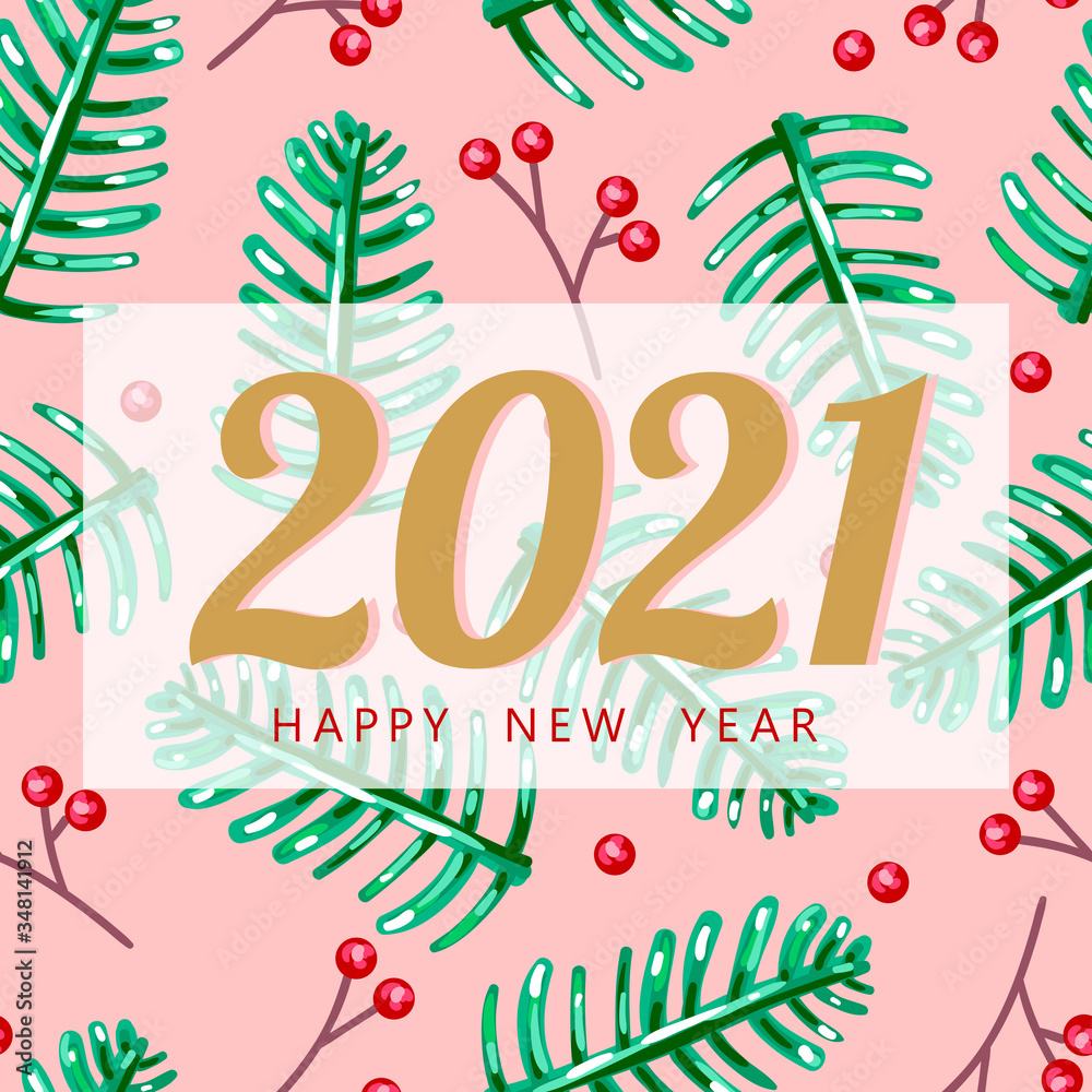 Sticker 2021. happy new year. vector illustration. christmas tree branch and red berries. seamless pattern. 