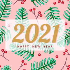 2021. Happy New year. Vector illustration. Christmas tree branch and red berries. Seamless pattern. Christmas festive nature pine. Coniferous tree branches. 2021. Happy New year