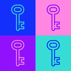 Pop art line House key icon isolated on color background. Vector