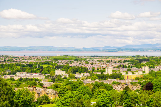 The cityscape of Lancaster, with Morecambe Bay viewed from the Ashton Memorial in Williamson Park.
