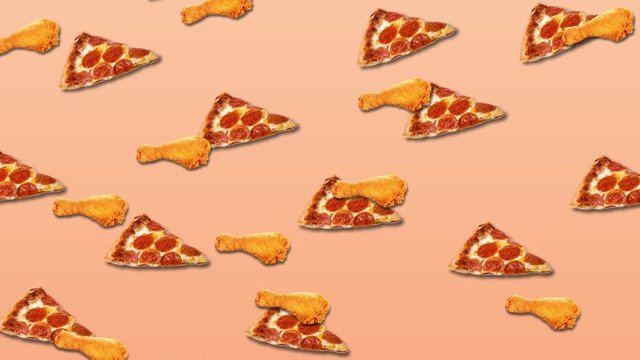pizza and chicken falls from the sky, abstraction, background, screensaver,