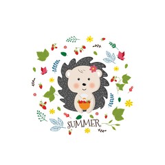 Vector illustration of cartoon style cute hedgehog . Nature summer concept. Children s picture.