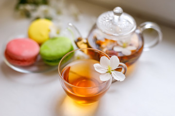 Jasmine green tea with sweet french macarons, Colorful macaroons with cup of tea and teapot. 