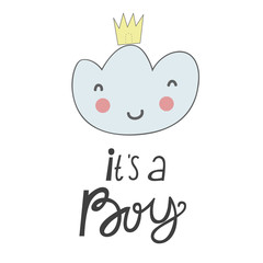 Hand drawn cute cloud pattern. Handwritten quote - It's a Boy. Cloud print for baby textiles, fabrics and baby shower cards.