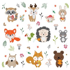 Set of vector cute animals in cartoon style. A collection of small animals in the children's style.