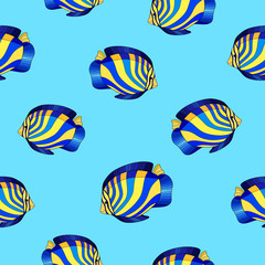 Hand drawn decorative tropical fishes with blue and yellow stripes on cyan background. Seamless sea bright pattern.
