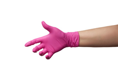 female hand in a pink latex glove is isolated on a white background