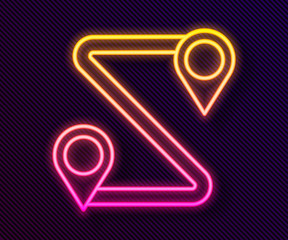 Glowing neon line Route location icon isolated on black background. Map pointer sign. Concept of path or road. GPS navigator. Vector
