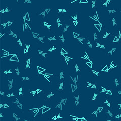 Green line Movie spotlight icon isolated seamless pattern on blue background. Light Effect. Scene, Studio, Show. Vector