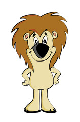 Cute happy lion character standing with his hands on his hips and looking at front. Cartoon style vector illustration.