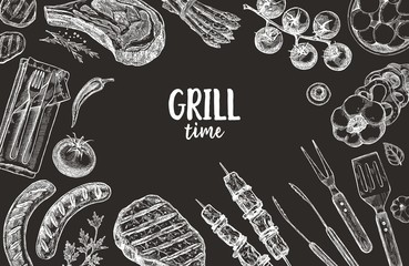 Set of barbecue elements drawn in vector. For the design of the menu of cafes and restaurants, shop windows related to the theme of grilled food. - obrazy, fototapety, plakaty