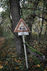 old decayed traffic sign in the woods