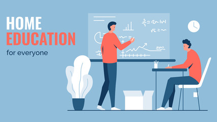 Vector concept illustration of a person sitting at a desk and another man writing and teaching with a blackboard. It represents a concept of personal individual education, teaching and learning