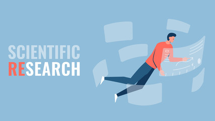 Vector concept illustration of a person conducting scientific research surrounded by elements of augmented reality. It represents a concept of immersion in scientific work and modern technology