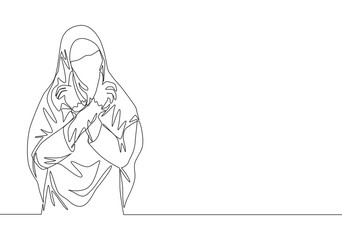 Single continuous line drawing of young beauty cute middle east muslimah wearing burqa with veil. Traditional beautiful muslim woman niqab with hijab concept one line draw design vector illustration