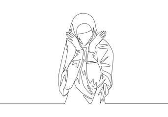 One single line drawing of young attractive beauty middle east muslimah wearing burqa. Traditional beautiful Arabian woman niqab cloth concept continuous line draw design vector illustration