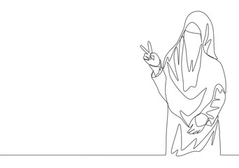 Single continuous line drawing of young attractive wearing burqa with veil giving victory gesture. Traditional beauty muslim woman niqab with hijab concept one line draw design vector illustration