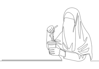 One single line drawing of young pretty Asian muslimah wearing burqa while drinking cup of coffee. Traditional beauty Arabian woman niqab cloth concept continuous line draw design vector illustration