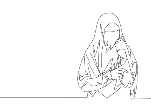 One continuous line drawing of young beauty Asian muslimah wearing burqa while holding her hand. Traditional beautiful Islamic woman niqab dress concept single line draw design vector illustration