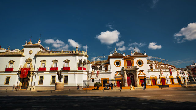 Seville, Spain - February 20th, 2020 - The Plaza de Toros de Sevilla with its Principal Fa&ccedil;ade in Baroque style, in Seville, Spain.