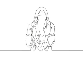 Single continuous line drawing of young cute Asian muslimah wearing burqa while touching her cheeks. Traditional beauty muslim woman niqab with hijab concept one line draw design vector illustration