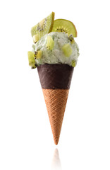 Ice cream cone flavored kiwi isolated white