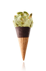 Ice cream cone flavored pistachio isolated white