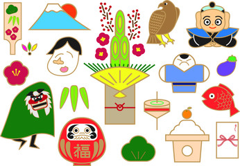 日本のお正月をイメージしたカラフルな年賀イラストセット