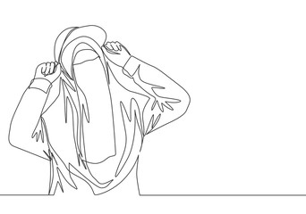 One continuous line drawing of young cute beauty middle east muslimah wearing burqa with trendy hat. Traditional beautiful Islamic woman niqab dress concept single line draw design vector illustration