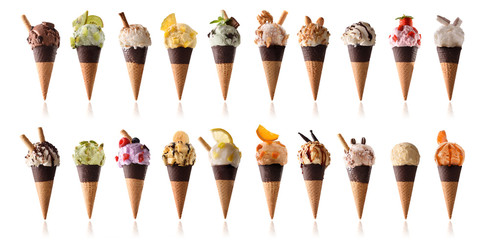 Multiple flavors of fruit ice cream sundaes
