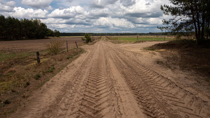 A rural, sandy road with traces left by a tractor on a cloudy spring day