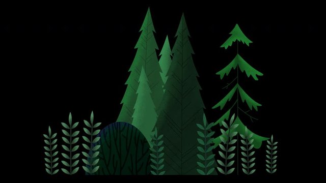 Seamless loop. Group of evergreen trees, grass and bushes swinging in wind. Green sunny day. Animated vector illustration with brushes and texture isolated on black background with alpha luma matte.