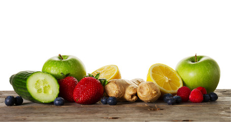 Fototapeta na wymiar Tasty beautiful ingredients fruits for making healthy detox drinks or smoothies. Wooden rustic background. Top View. Copy Space.