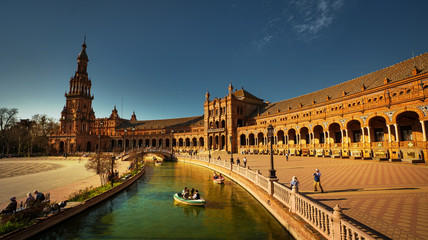 Fototapeta premium Seville, Spain - February 20th, 2020 - Seville City Center with Architecture Details. View of Spanish Square with beautiful natural light.