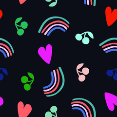 Cute seamless pattern with pretty decorations rainbows, heart shapes, cherries in quirky arty style for emo, teenage girls, young adults. LGBTQ pride themed vector in pretty colors blue, pink, red