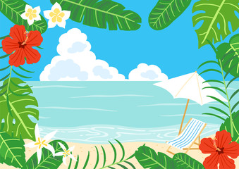 Fototapeta na wymiar ハワイアンフラワーのフレーム　青空とビーチ