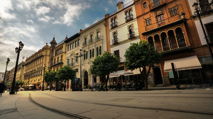Seville, Spain - February 7th, 2020 - Constitution Avenue with Beautiful Architecture and Colorful Buildings in Seville Spain.
