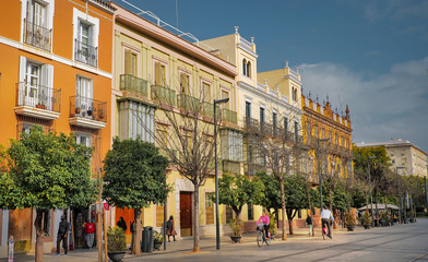Seville, Spain - February 8th, 2020 - Beautiful and Colorful Architectural Buildings in Seville City Center, Spain.