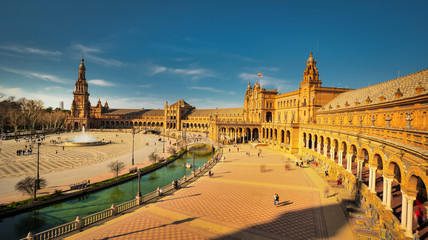 Fototapeta premium Seville, Spain - February 16th, 2020 - Plaza de Espana / Spain Square with the Canal and beautiful Architecture Details, in Seville City, Spain.