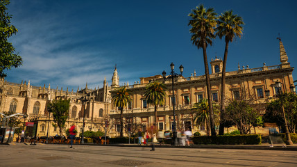 Fototapeta premium Seville, Spain - February 18th, 2020 - the Gothic Seville Cathedral and General Archive of the Indies in Seville, Spain.