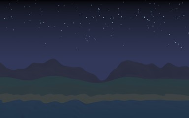 Naklejka premium Starry moonless sky. Ocean shore line with waves on a beach. Island beach paradise with waves. Vacation, summer, relaxation. Seascape, seashore. Minimalist landscape, primitivism. 3D illustration