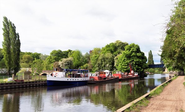 Boats and barges at Sprotbrough Flash, on the River don, in May 2020.