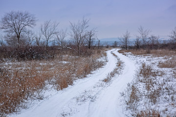 snow-covered local countryside road, winter road among the fields, bumpy, narrow road in the snow goes into the distance