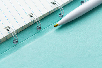 Opened lined paper notebook in a mint cover and ballpoint pen. Business, education and keep a diary concept. Copy space.