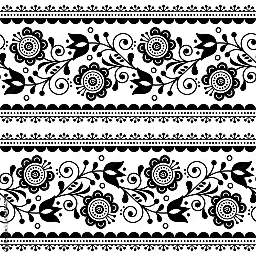 Poster scandinavian style seamless vector pattern with flowers, nordic folk art repetitive black and white 