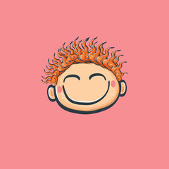 Cartoon cute hand drawn funny boy face isolated on pink background, Cartoon happy children with red hair. 1 june international childrens day background with little smiling baby boy icon or label